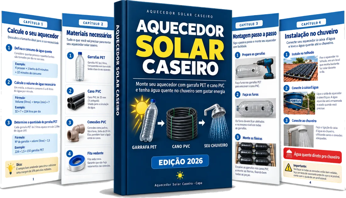 Apostila Aquecedor Solar Caseiro com capítulos sobre garrafa PET, cano PVC e instalação no chuveiro